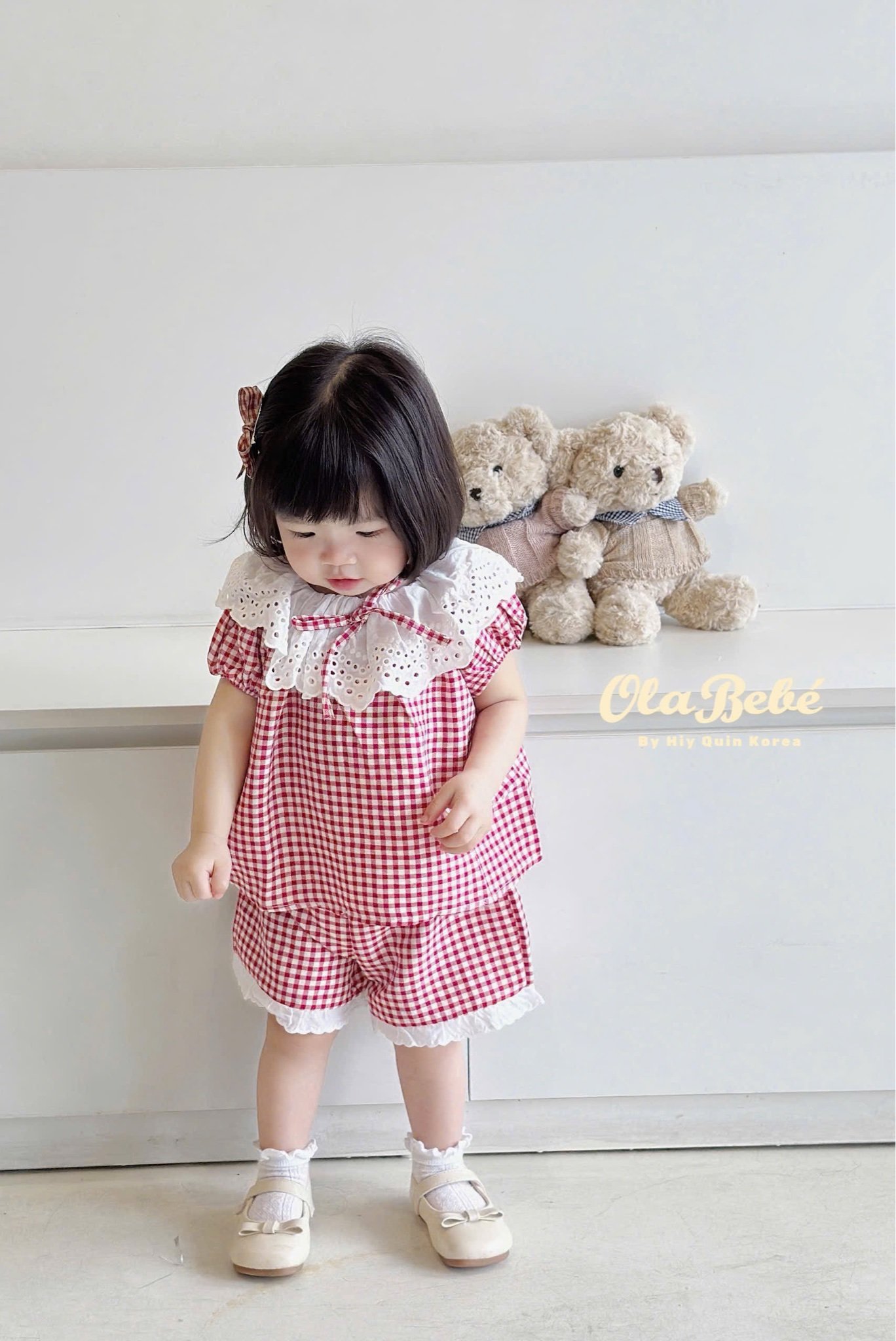 Bộ pyjama Hiyquin kẻ caro phối cổ ren nhiều màu bé gái size 1-6y