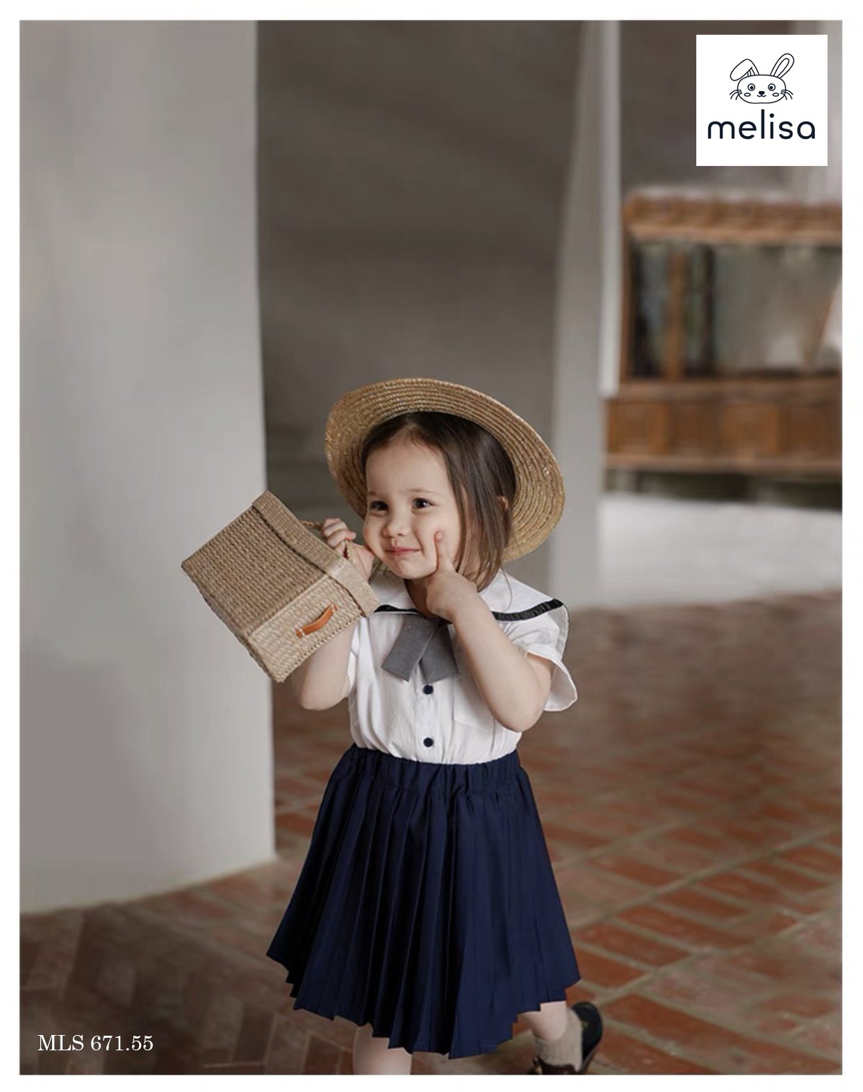 Set thô Melisa áo trắng kèm cavat - chân váy liền quần màu navy size 2 - 11y