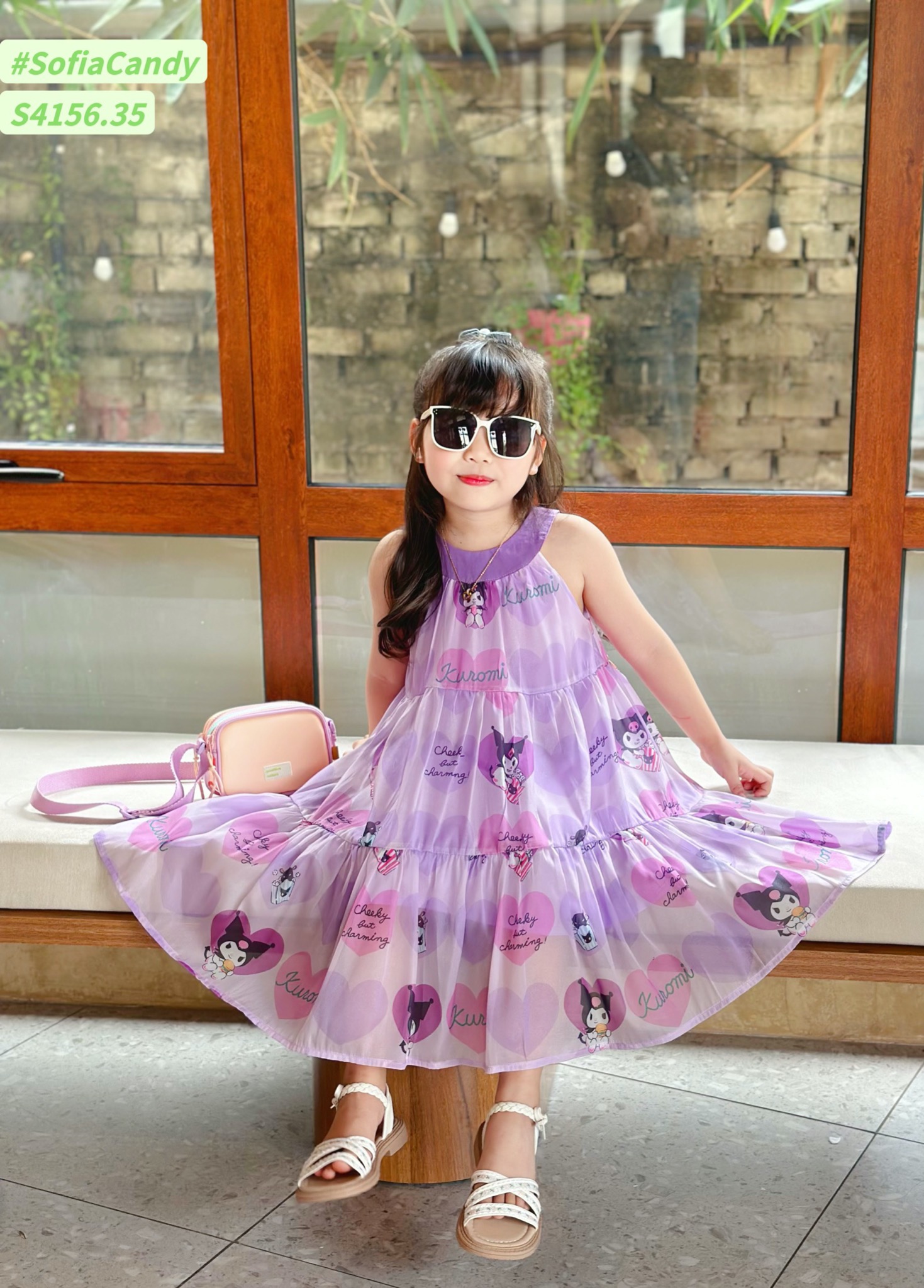 S4156 - Váy Sofia Candy vải tơ kuromi 2 màu hồng/tím in tràn cổ yếm size 1-10y