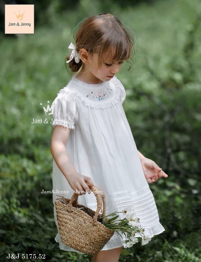 JJ 5175 - Váy Jam & Jenny vải thô trắng thêu hoa nơ bé gái size 2-12y