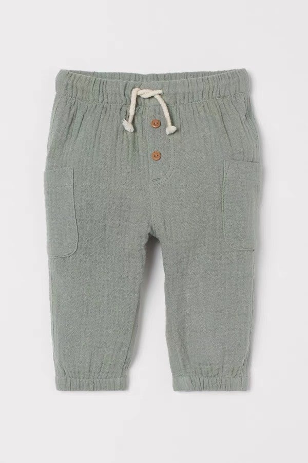Quần H&M dài bo gấu chất đũi - xanh mint