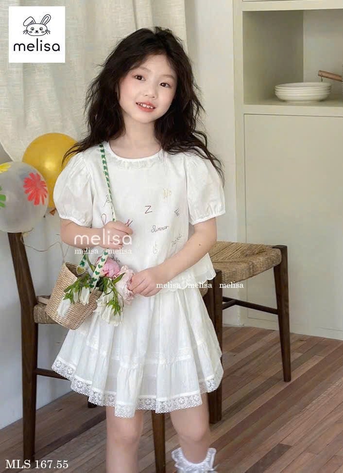 MLS 167 - Set bộ Melisa áo trắng thêu phối ren + chân váy trắng bé gái size 2-12y