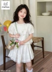 MLS 167 - Set bộ Melisa áo trắng thêu phối ren + chân váy trắng bé gái size 2-12y