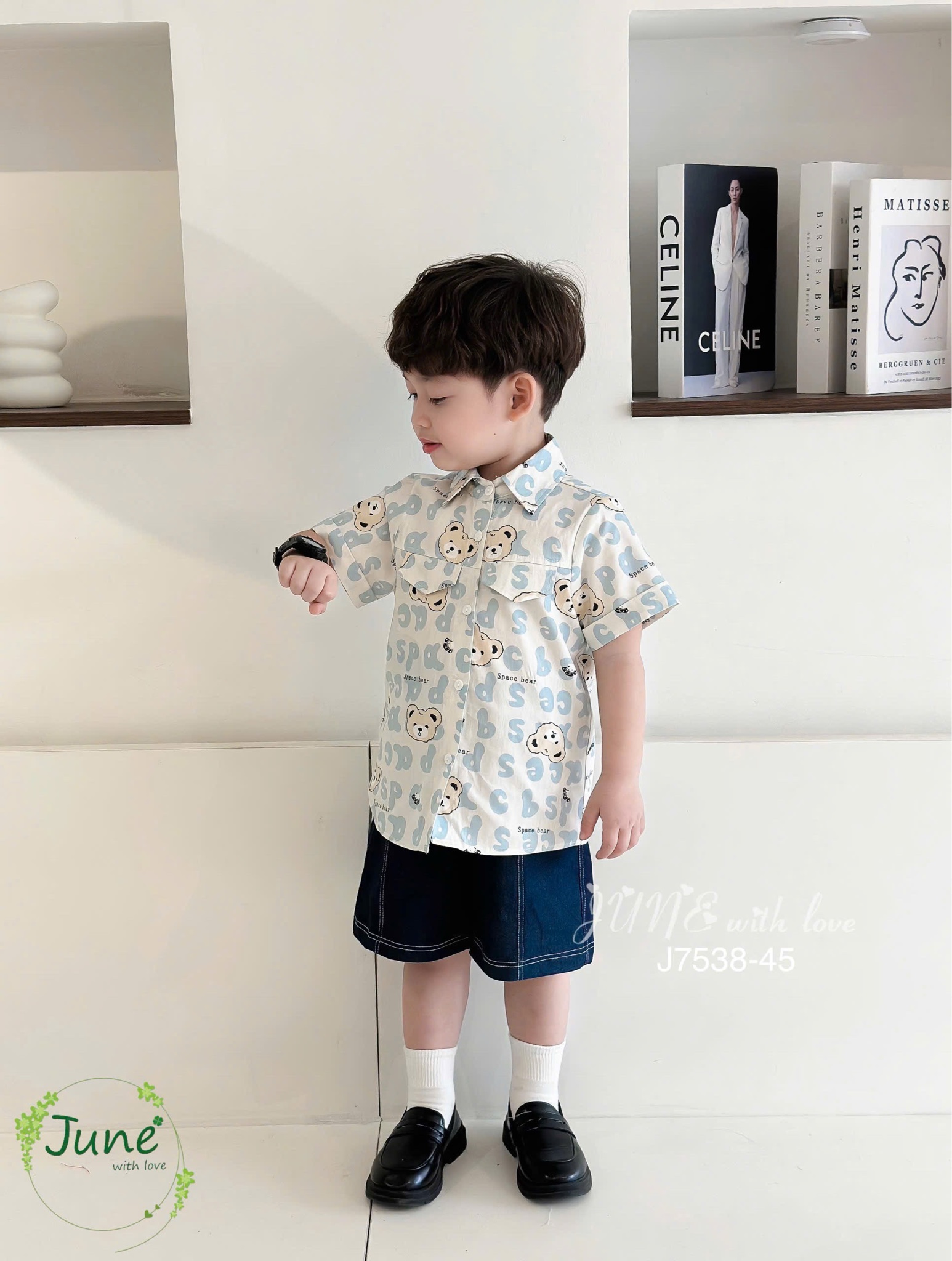 J7538  - Bộ June With Love vải thô họa tiết gấu cute bé trai size 1-10y