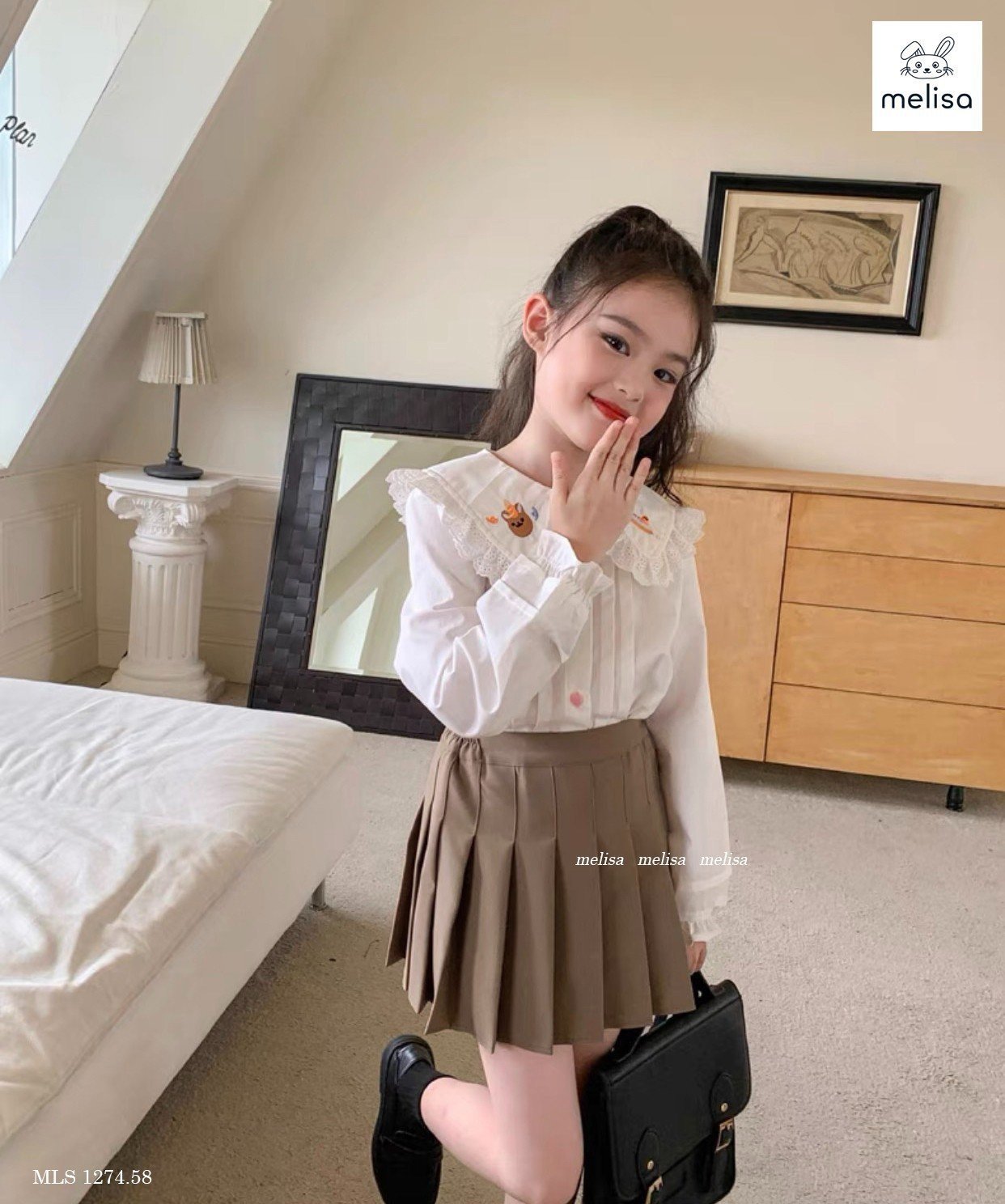 Set Melisa áo sơ mi trắng thêu cổ - chân váy xếp li liền quần nâu size 2 - 12y