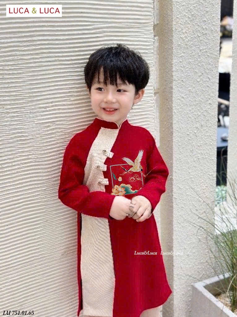 LU 751 - Set áo dài nhung tăm Luca bé trai hình sen hạc 2 màu đỏ / vàng size 2 - 12y