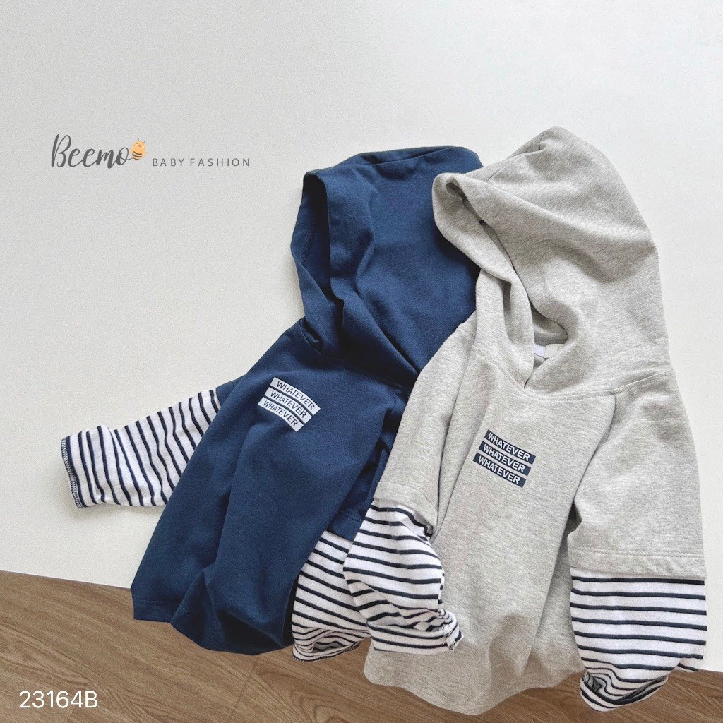 Bộ cotton Beemo áo có mũ phối tay kẻ Whatever 2 màu size 80 - 130