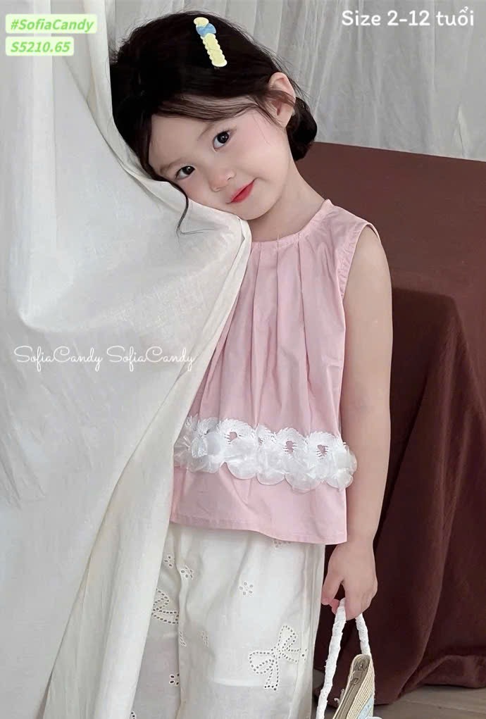 S5210 - Bộ thô sofia candy áo sát nách hồng phối hoa voan - quần trắng size 2 - 12y