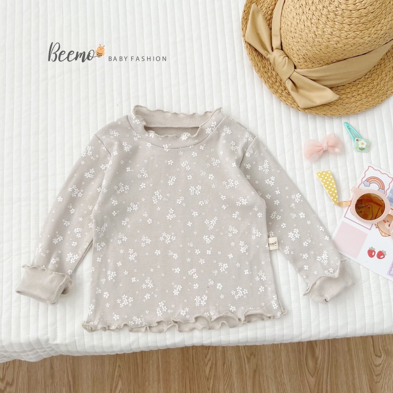 Áo cotton dài tay Beemo cổ 3p viền bèo hoa nhí 4 màu BG