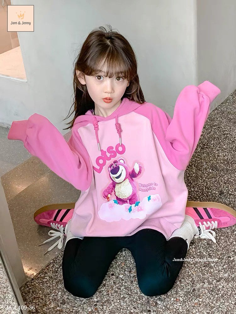 Bộ nỉ da cá Jam&Jenny áo hồng hình gấu dâu Lotso - quần đen size 2 - 12y