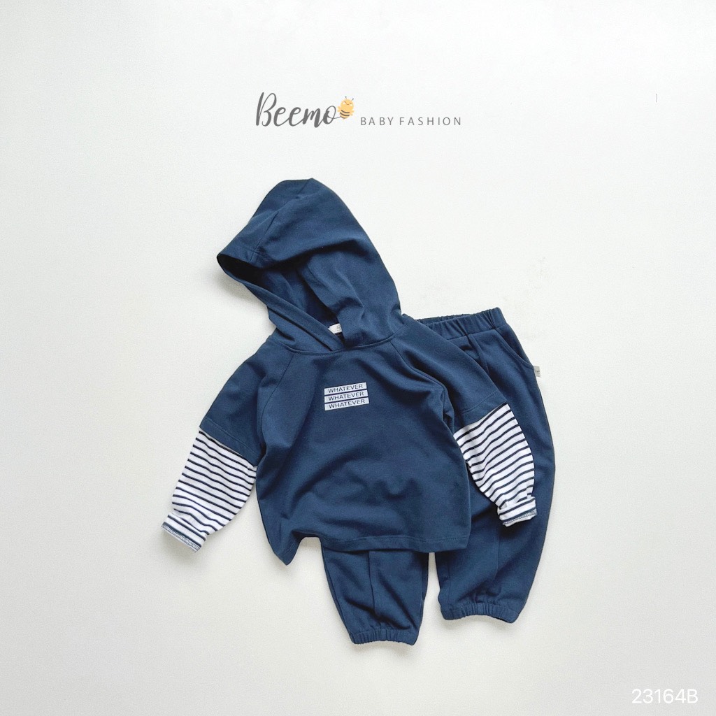 Bộ cotton Beemo áo có mũ phối tay kẻ Whatever 2 màu size 80 - 130