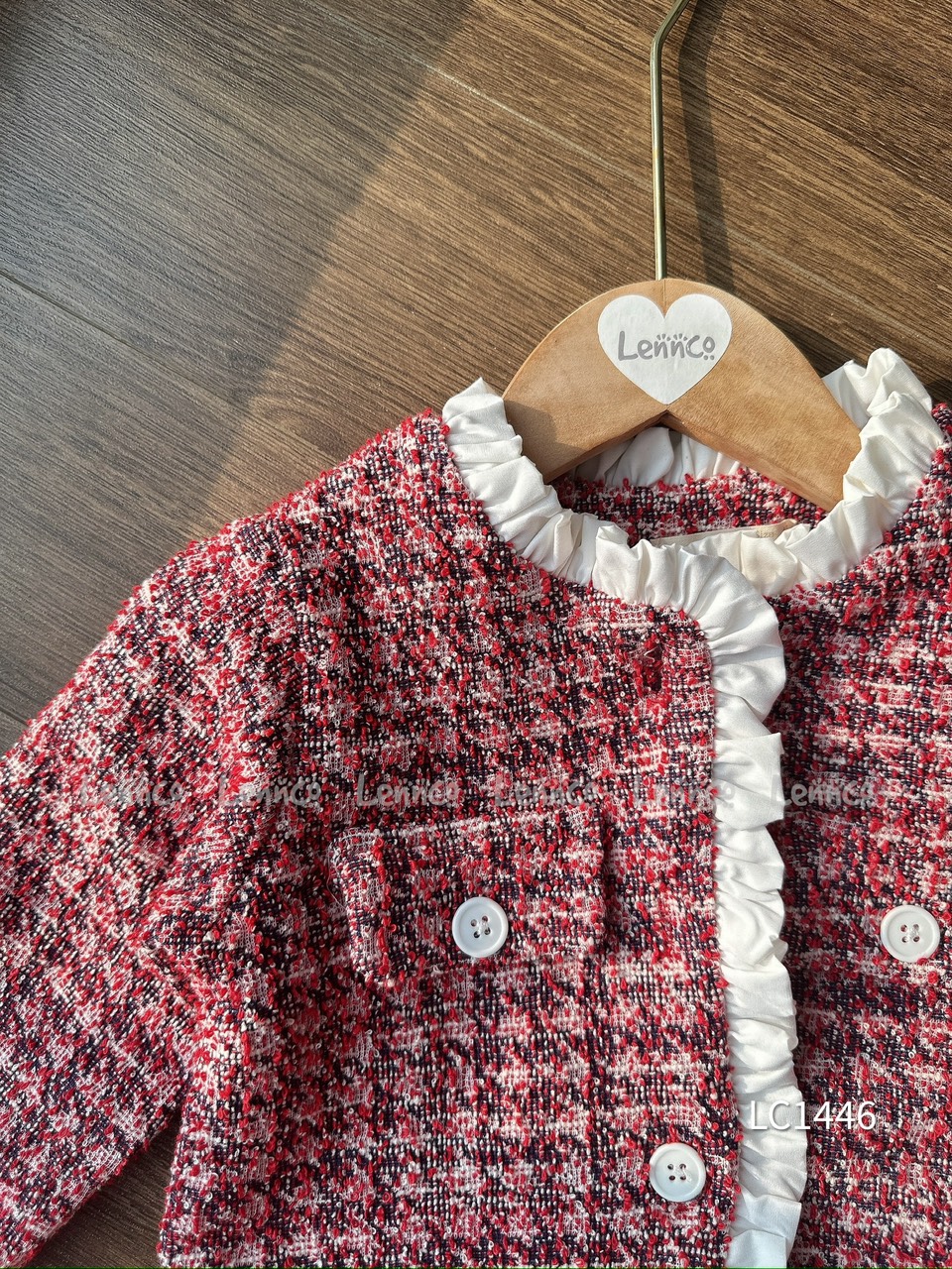 Set Lennco áo khoác + chân váy dạ tweed đỏ phối trắng size 1 - 10y