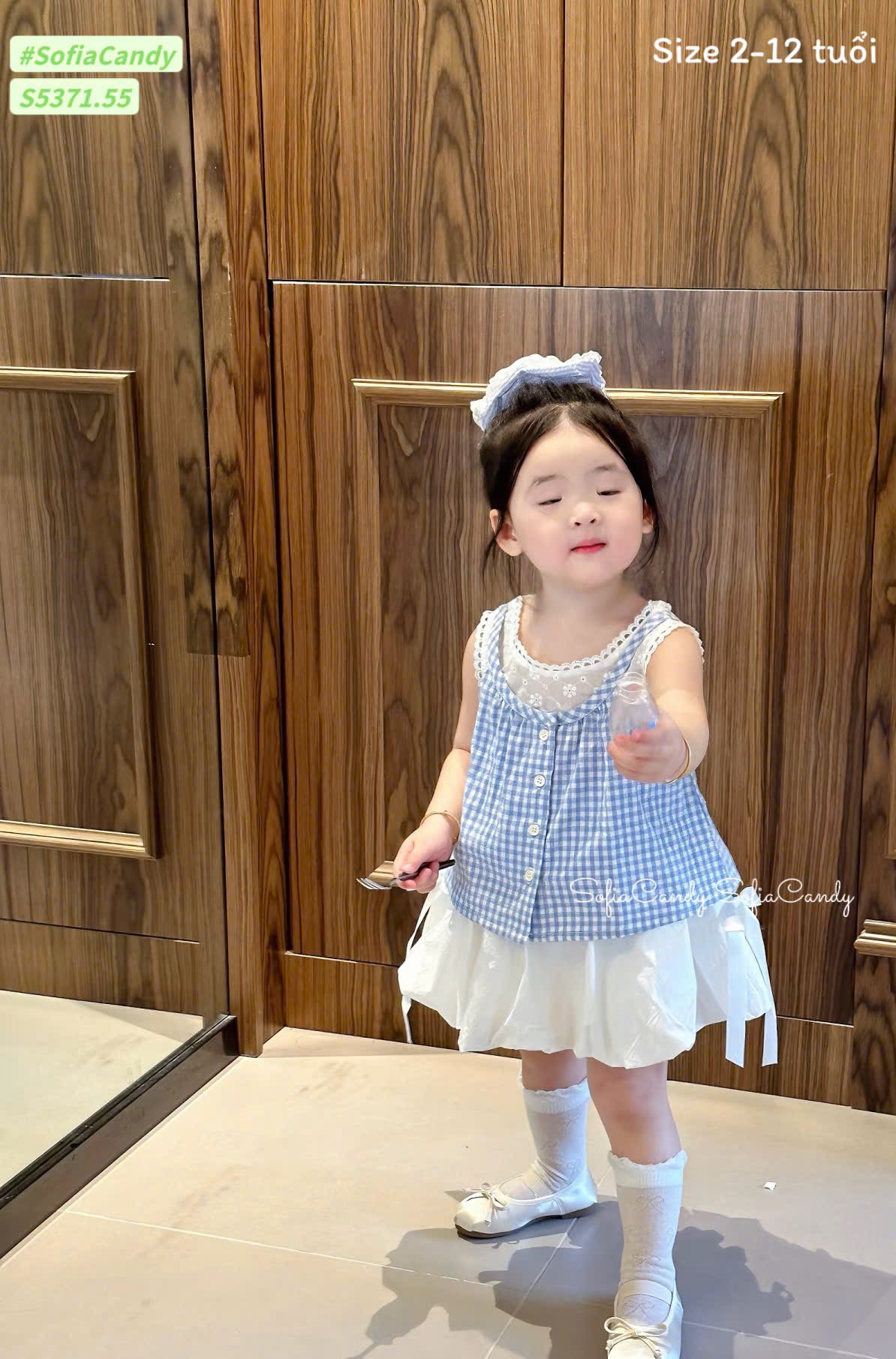S5371 - Bộ Sofia Candy áo kẻ xanh phối chân váy trắng bé gái size 2-12y