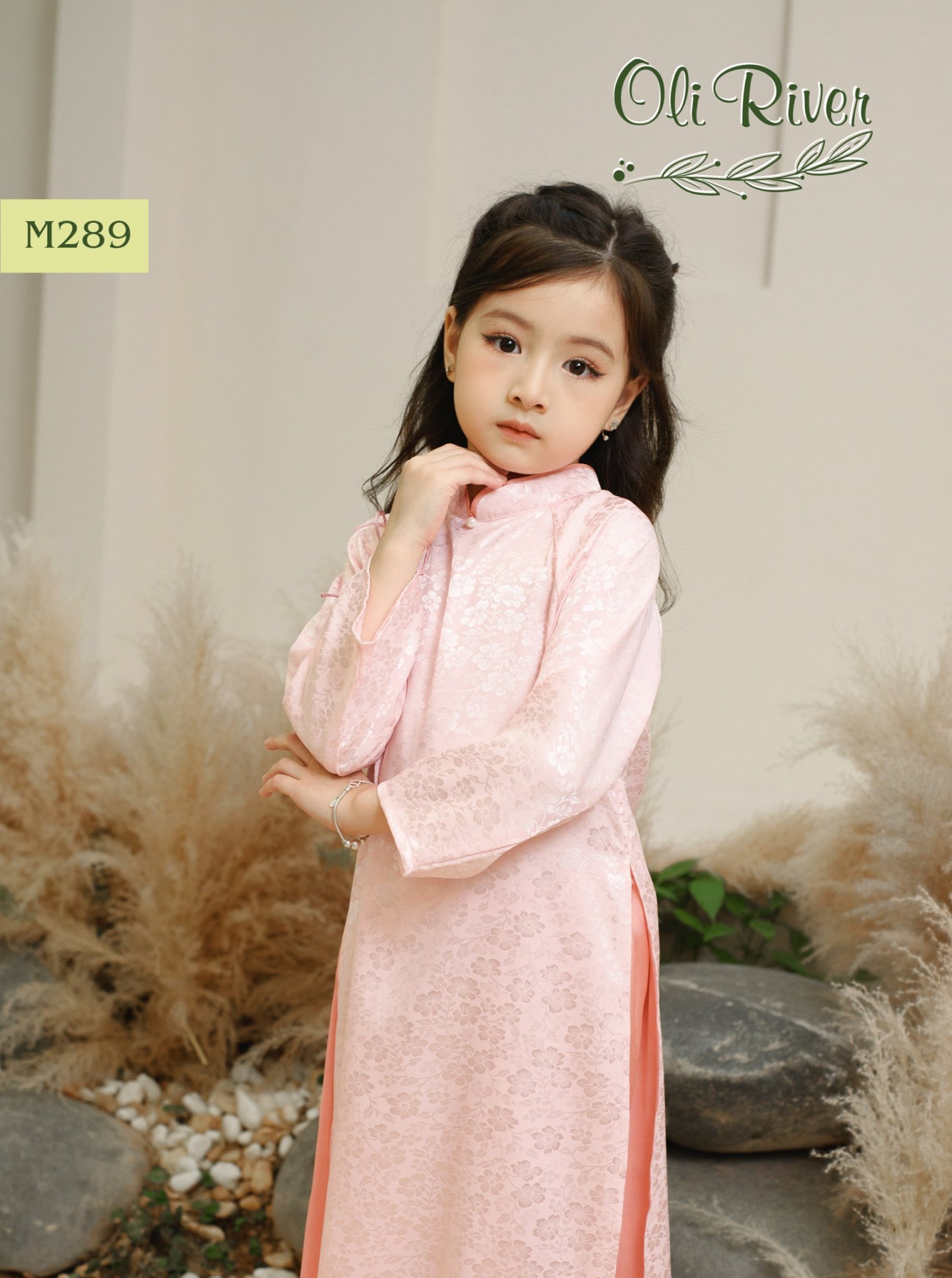 Áo dài lụa Oli River vân hoa chìm 4 màu size 2 - 11y