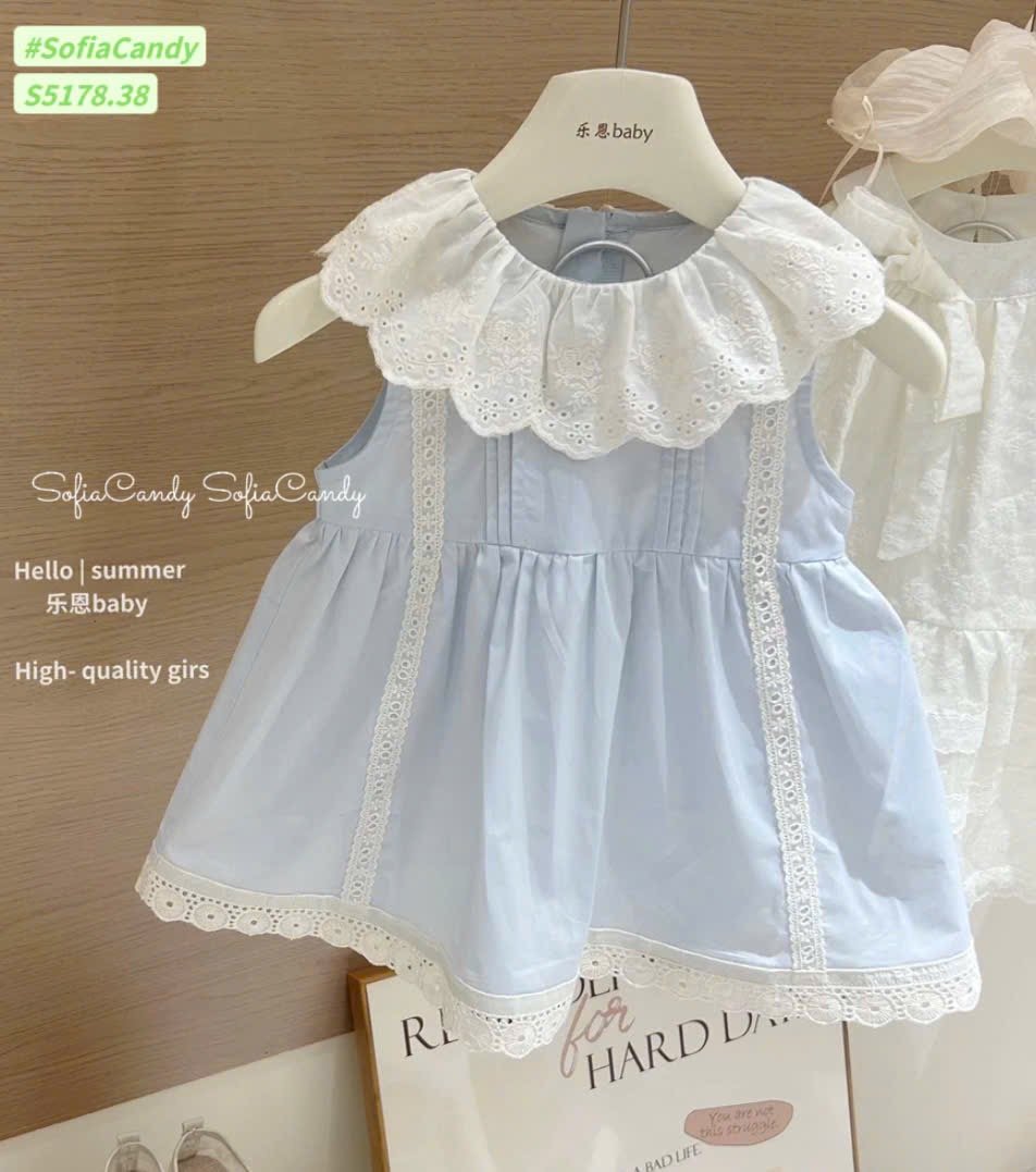 S5178 - Váy thô xanh Sofia Candy phối cổ ren trắng thêu bé gái size 1-10y