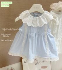 S5178 - Váy thô xanh Sofia Candy phối cổ ren trắng thêu bé gái size 1-10y