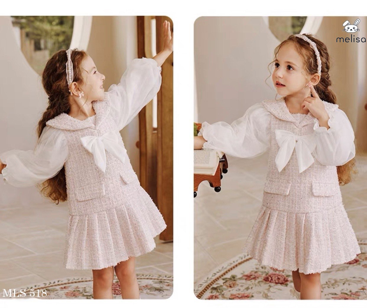 Váy dạ tweed Melisa màu hồng phối tay trắng đính nơ cổ size 12m - 10y