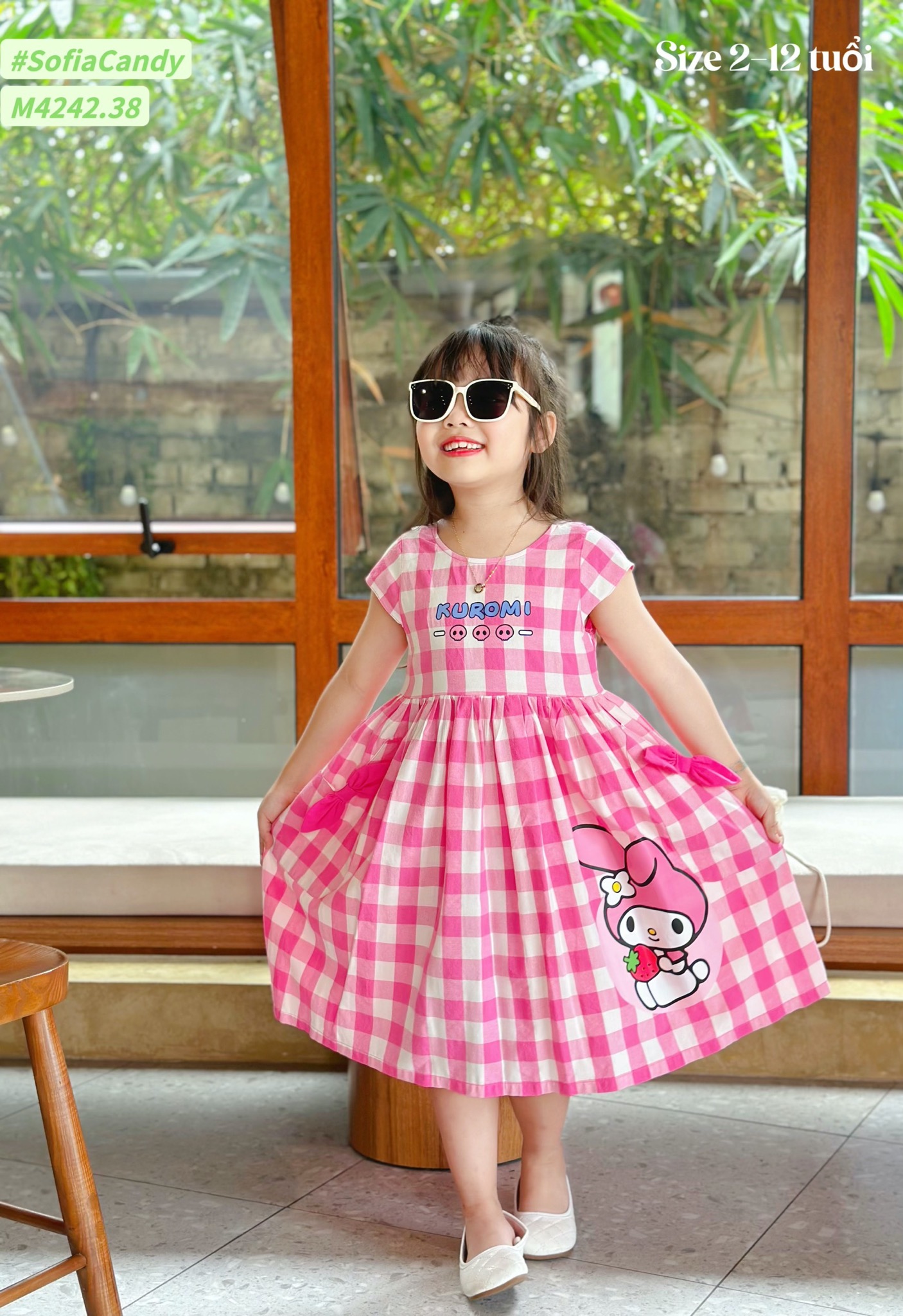 M4242.38 - Váy Mia Kids kẻ hồng in hình Kuromi size 2-12y