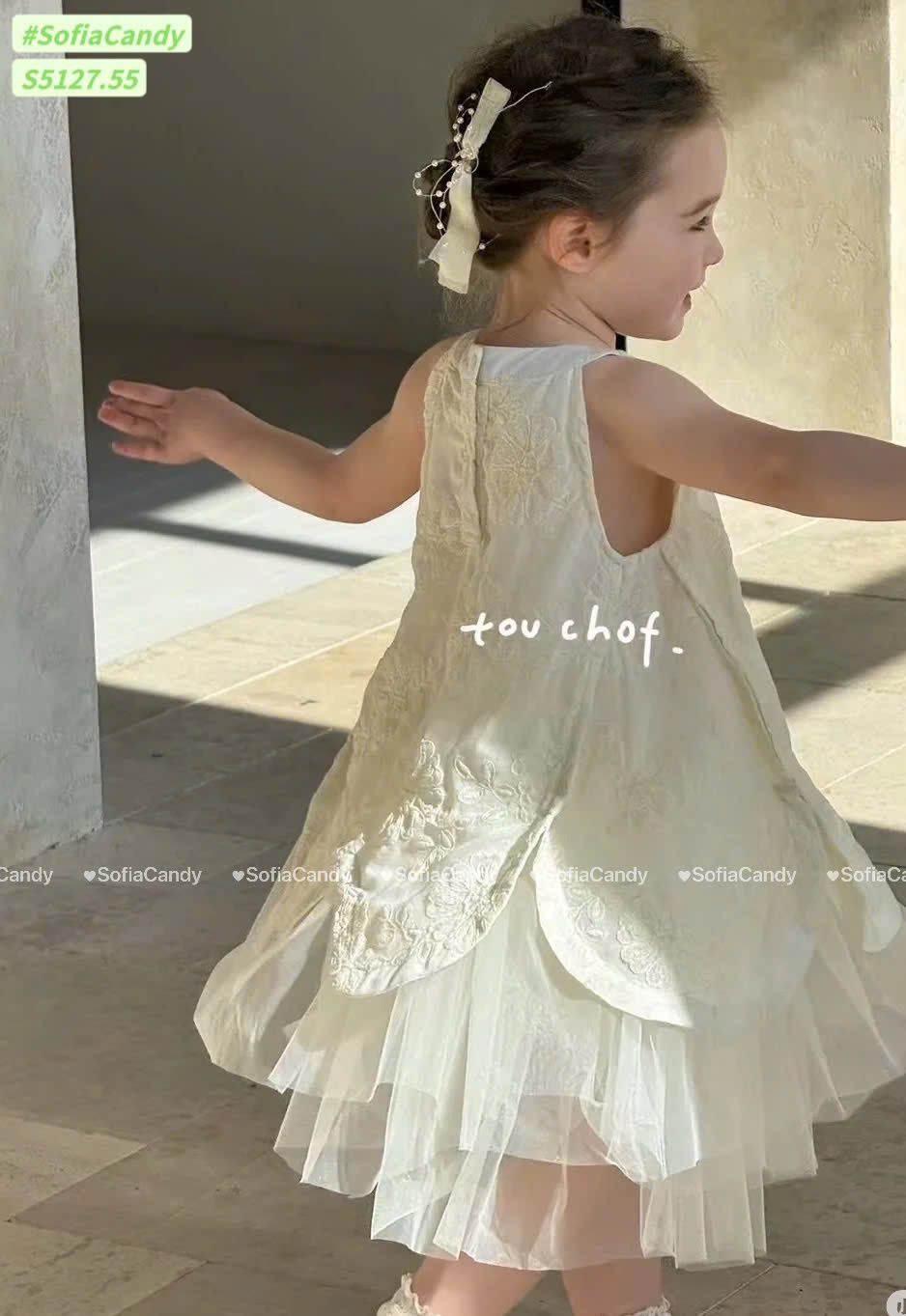 S5127 - Váy Sofia Candy công chúa màu kem thêu hoa phối chân ren mềm size 1-10y
