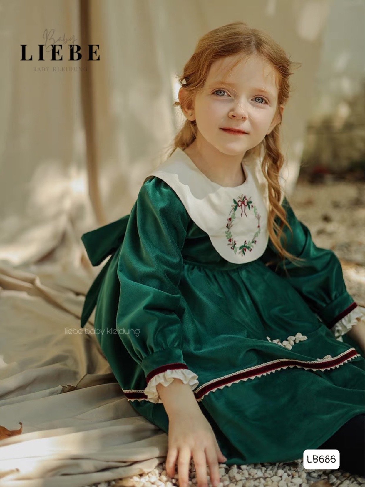 Váy nhung Liebe màu xanh cổ trắng BG size 2-11y
