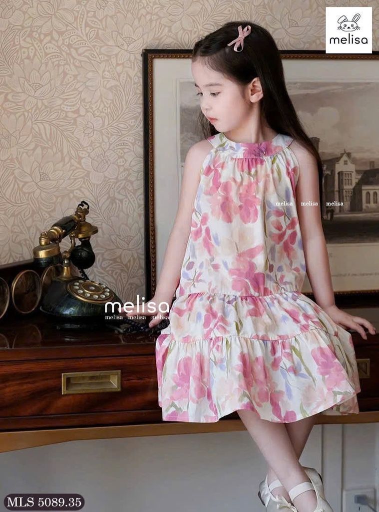 MLS 5089 - Váy Melisa cổ yếm vải thô hoa hồng bé gái size 2-12y