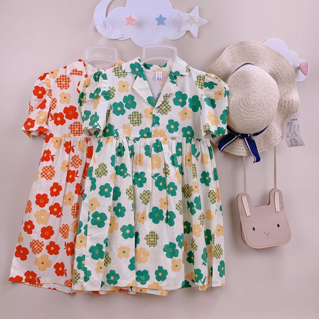 Váy thô Mia Kids cổ vest màu kem hoa đỏ / hoa xanh