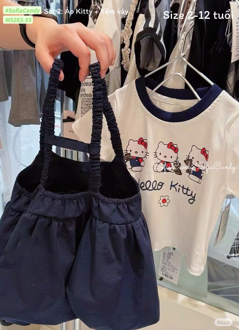 M5283 - Set yếm Mia Kids áo trắng kitty + váy yếm navy bé gái size 2-12y