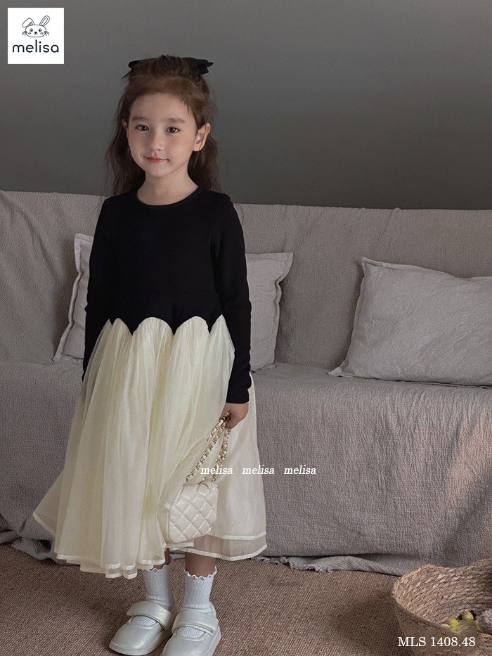 Váy thun dày Melisa màu đen phối chân voan trắng kem size 2 - 11y