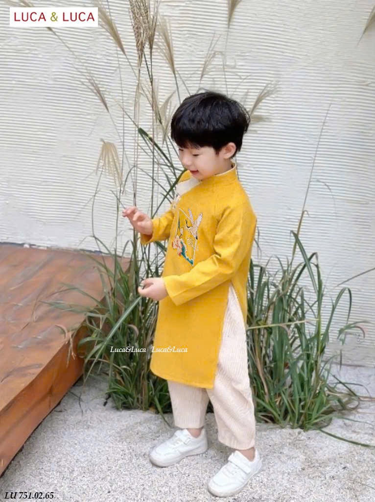 LU 751 - Set áo dài nhung tăm Luca bé trai hình sen hạc 2 màu đỏ / vàng size 2 - 12y