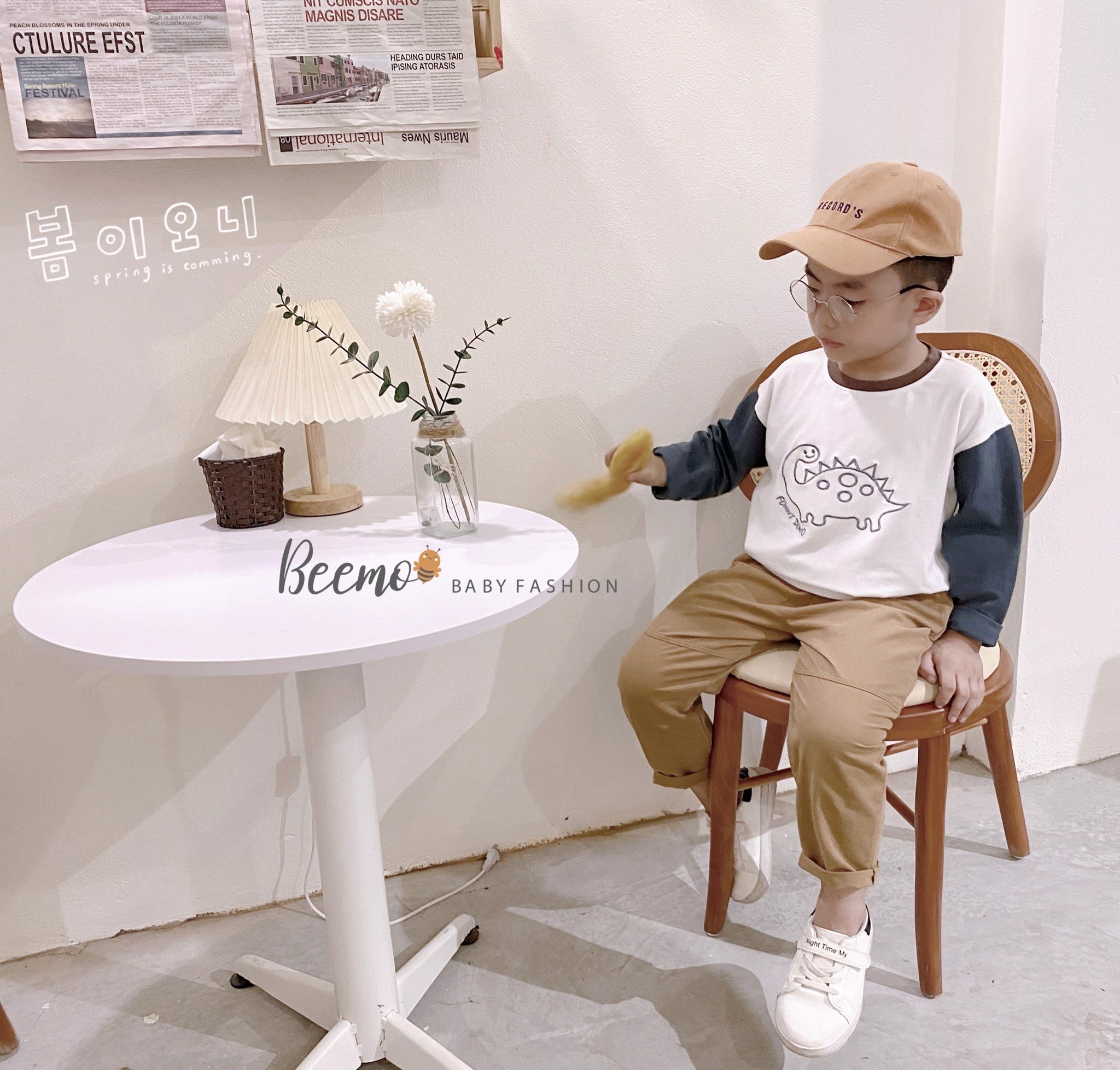 Bộ Beemo áo cotton sư tử / khủng long - quần kaki 2 màu BT 80 - 130