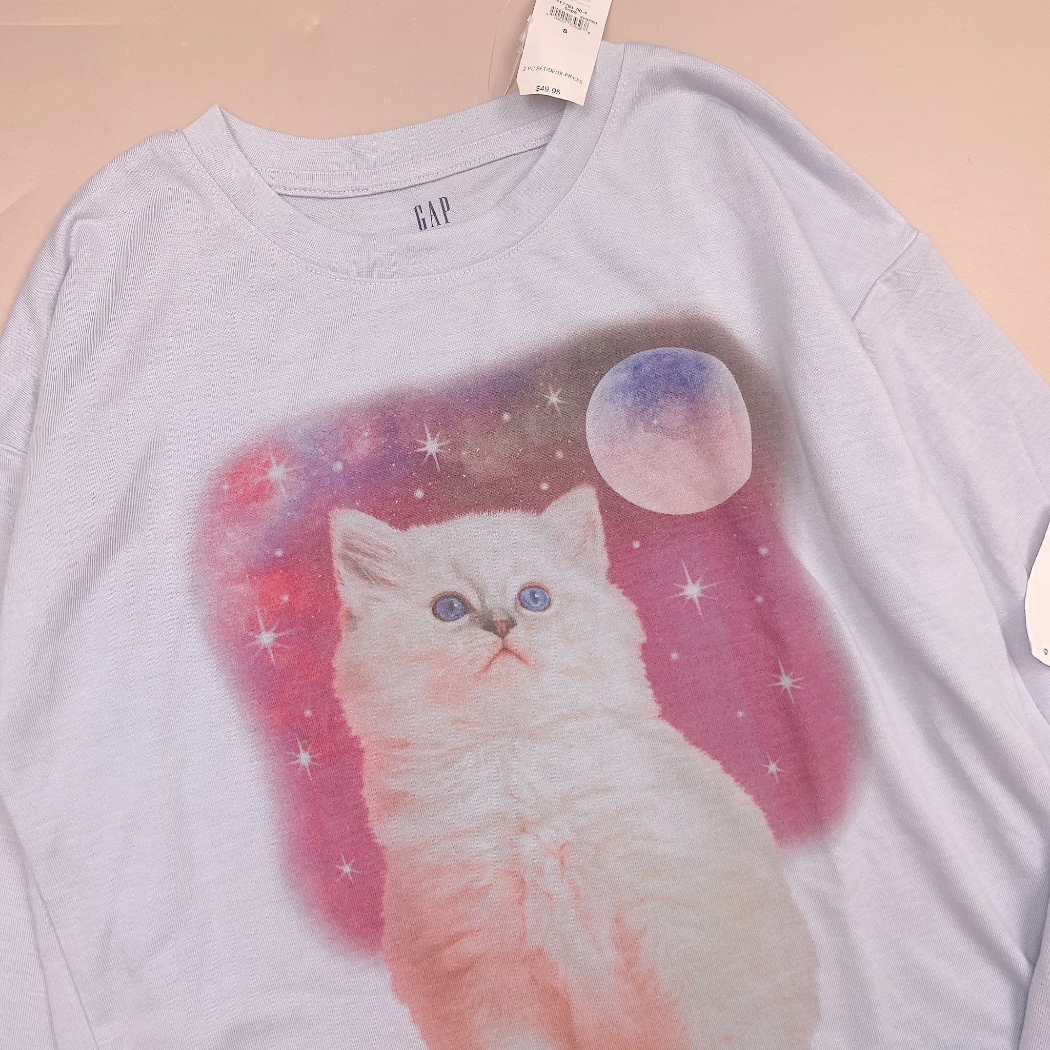 Bộ cotton Gap Kids dòng Đại màu xanh hình mèo size 8 - 14y