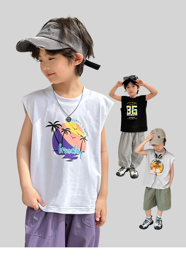 Áo thun sát nách QC hoạ tiết cây dừa nhiều màu bé trai size 110-170