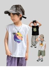 Áo thun sát nách QC hoạ tiết cây dừa nhiều màu bé trai size 110-170