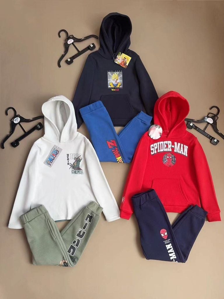 Bộ nỉ bông Dragonball, Onepiece, Spiderman dư xịn nhiều màu cho bé size 4-14y
