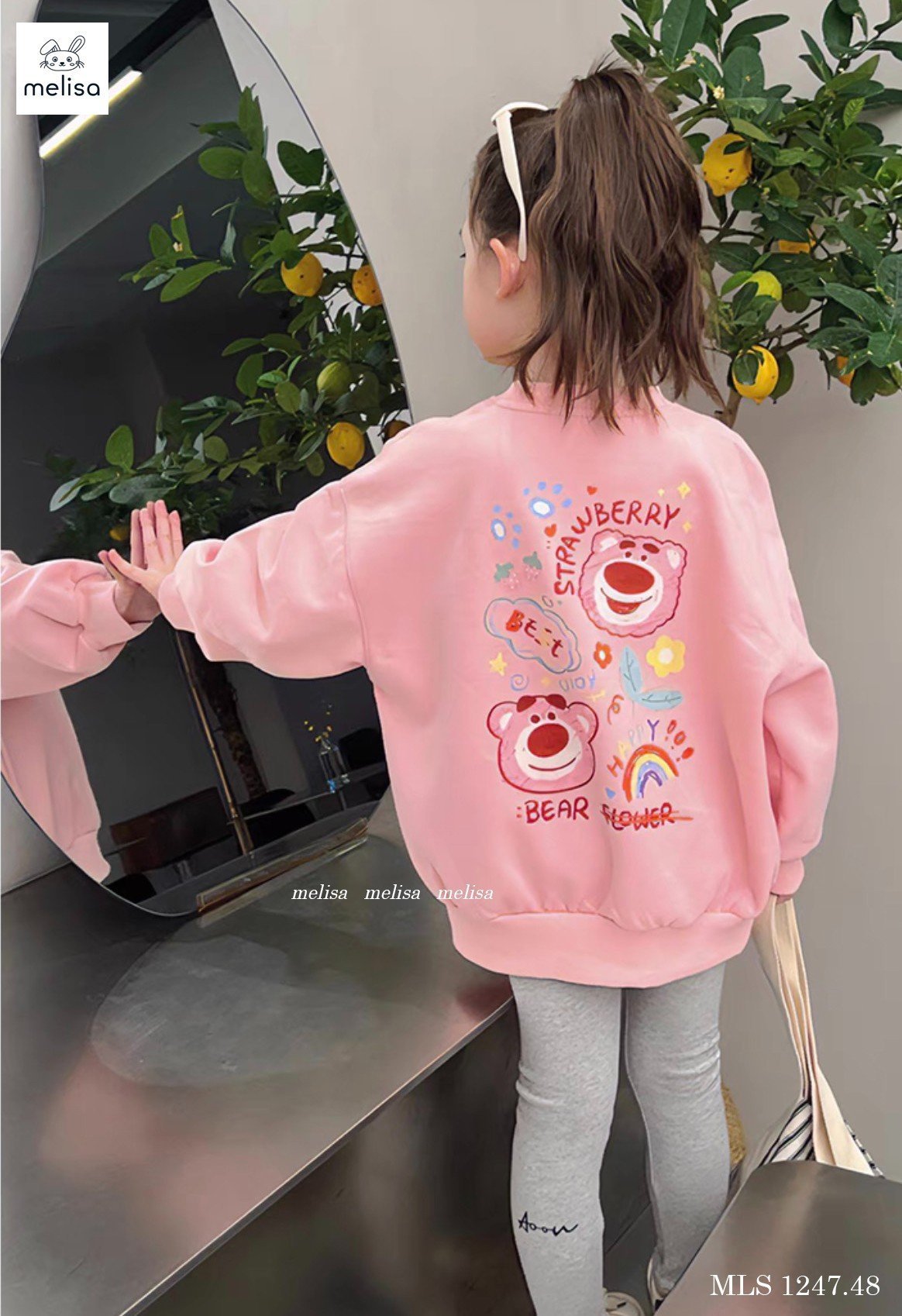 Bộ Melisa áo váy hồng in hình gấu dâu - quần legging cotton màu ghi size 2 - 12y