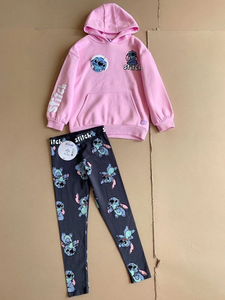 Bộ Primark áo nỉ bông hoodie hồng Stitch + quần legging cotton size 7 - 15y