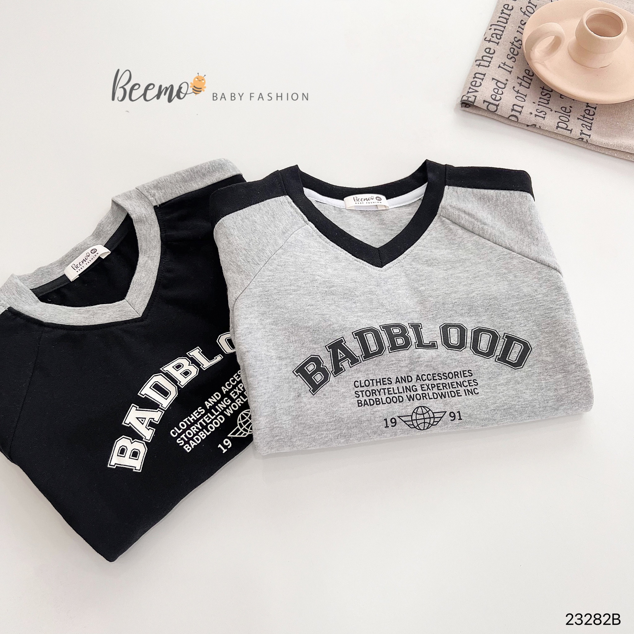 Bộ cotton Beemo cổ tim BADBLOOD 2 màu đen / ghi size 80 - 130