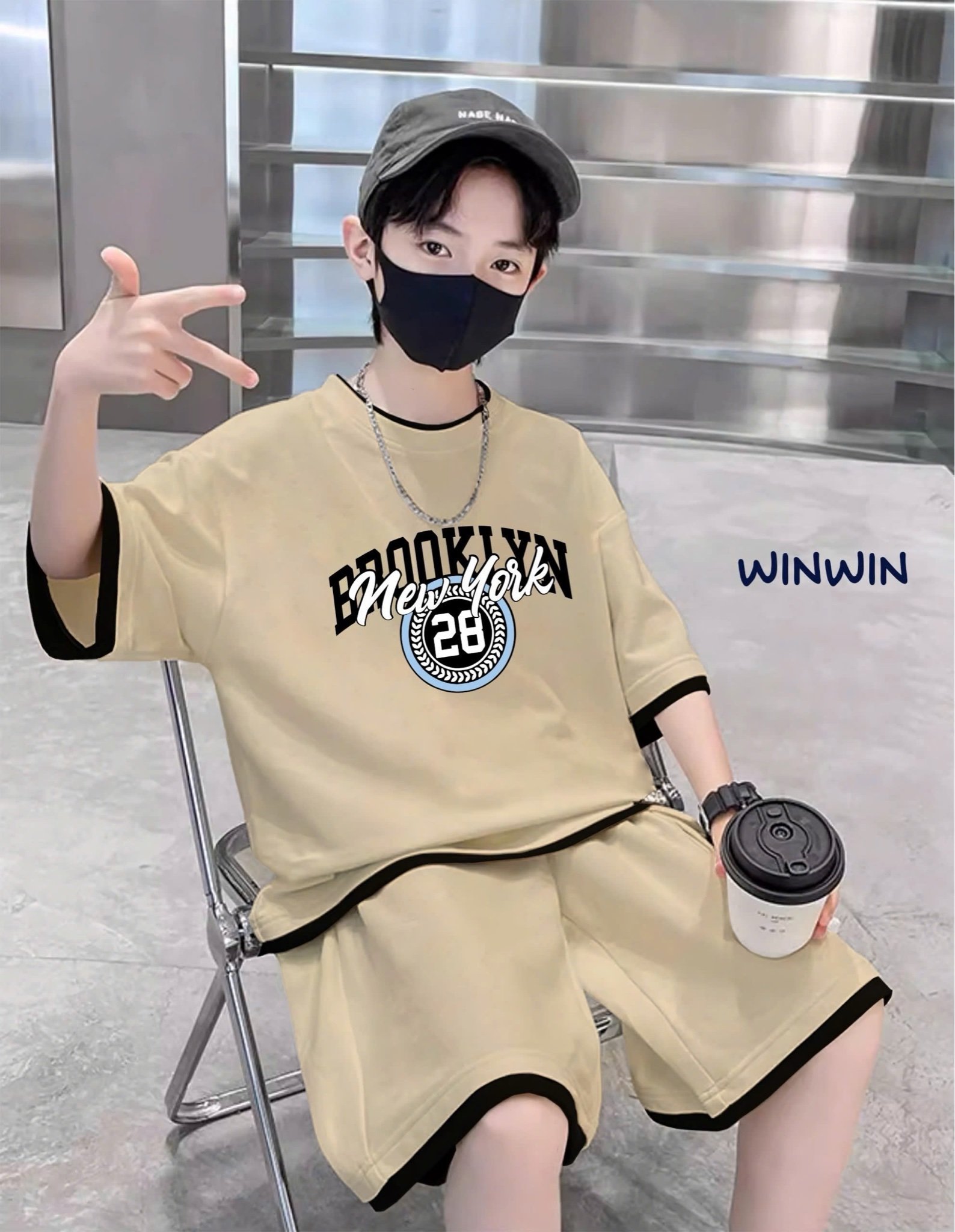 Bộ thun Win Win New York 3 màu đen/be/ghi cho bé trai size 9-16y