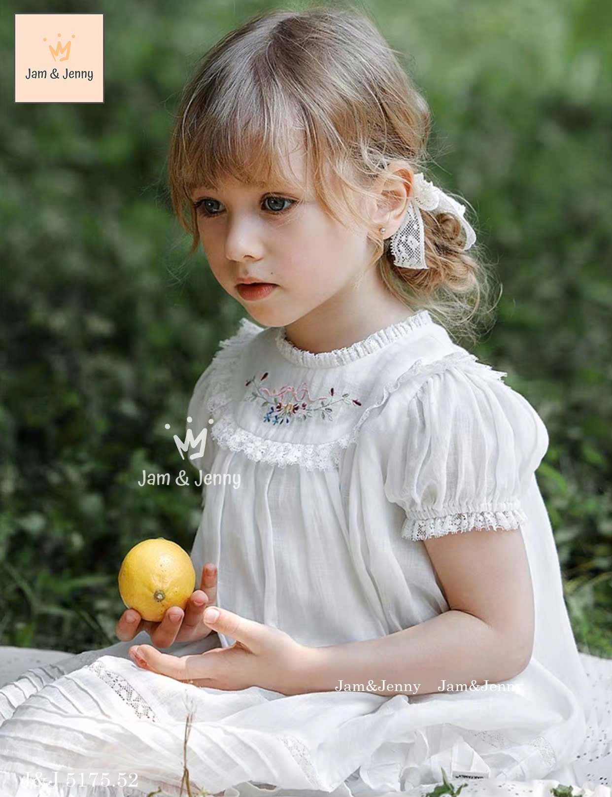 JJ 5175 - Váy Jam & Jenny vải thô trắng thêu hoa nơ bé gái size 2-12y