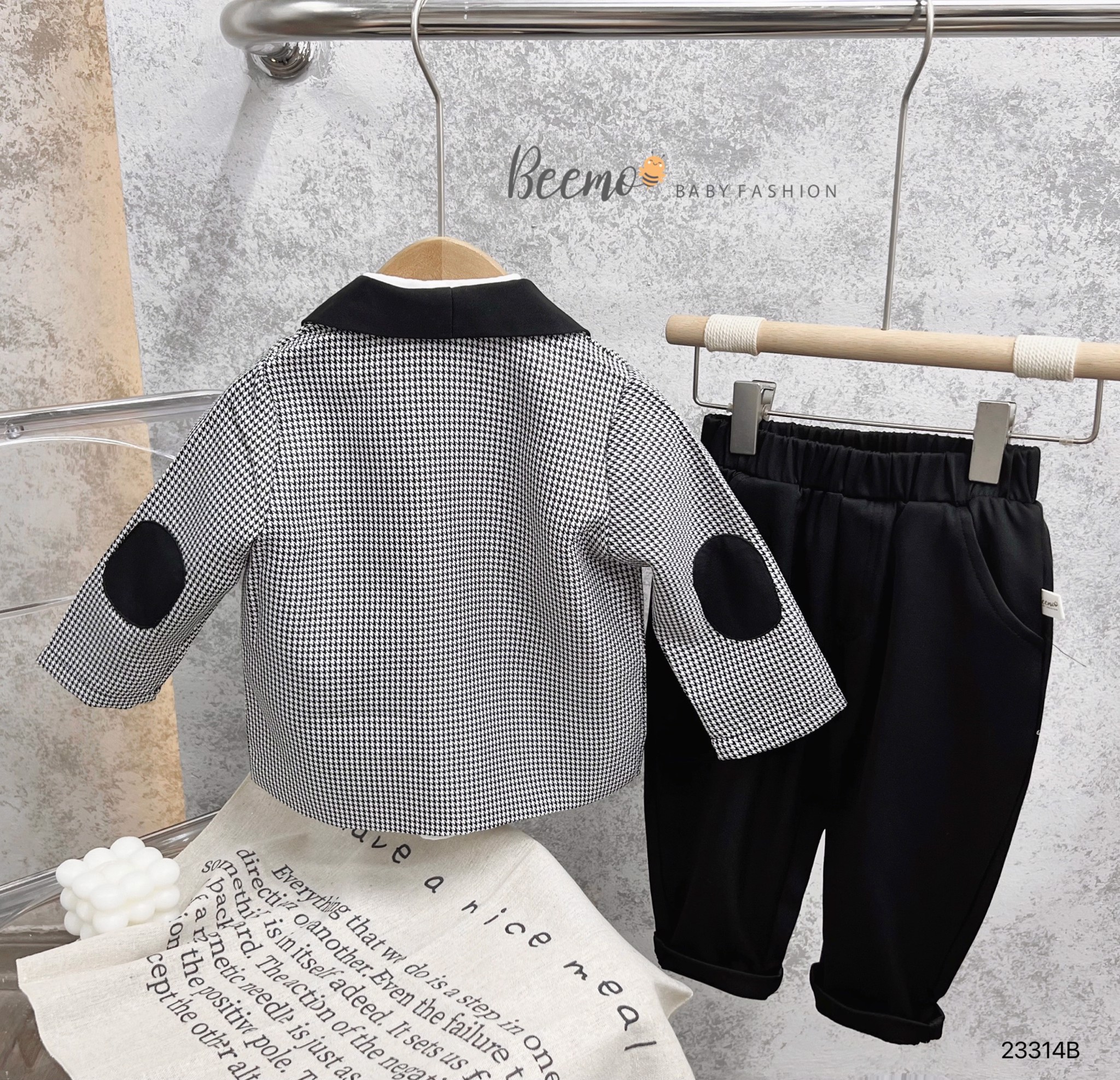 Set 5 chi tiết Beemo áo Vest kẻ đen + Gile đen + áo sơ mi + quần + nơ size 80 - 130