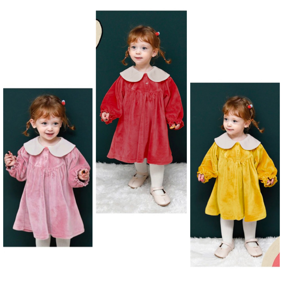Váy nhung cổ sen lưng thỏ Milkmile 3 màu đỏ / vàng / hồng size 90 - 140