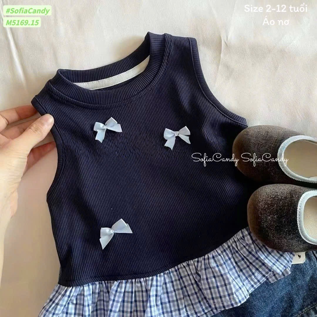 M5169 - Áo cotton Mia Kids đính nơ phối kẻ xanh 2 màu trắng/xanh bé gái size 2-12y