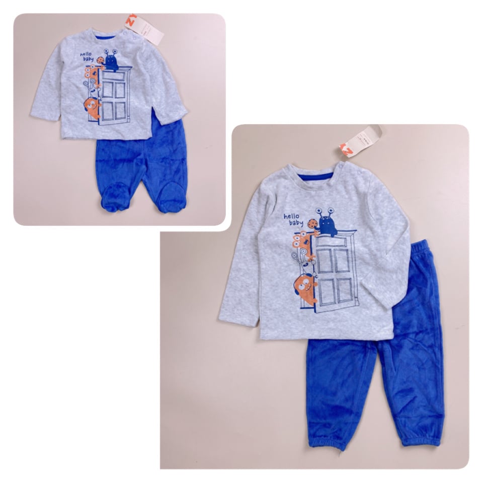 Bộ băng lông ZY Baby áo ghi Monter Hello Baby - quần xanh