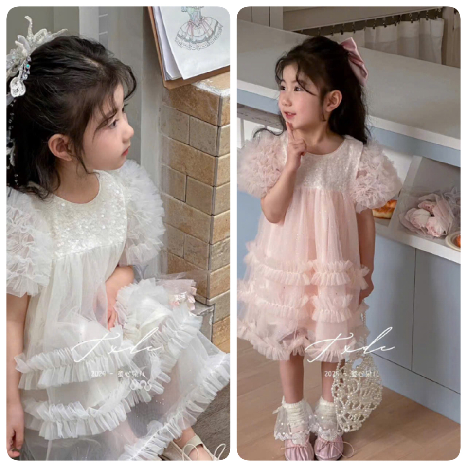 Váy công chúa QC đính kim sa ngực phối chân ren mềm hồng/trắng bé gái size 90-130