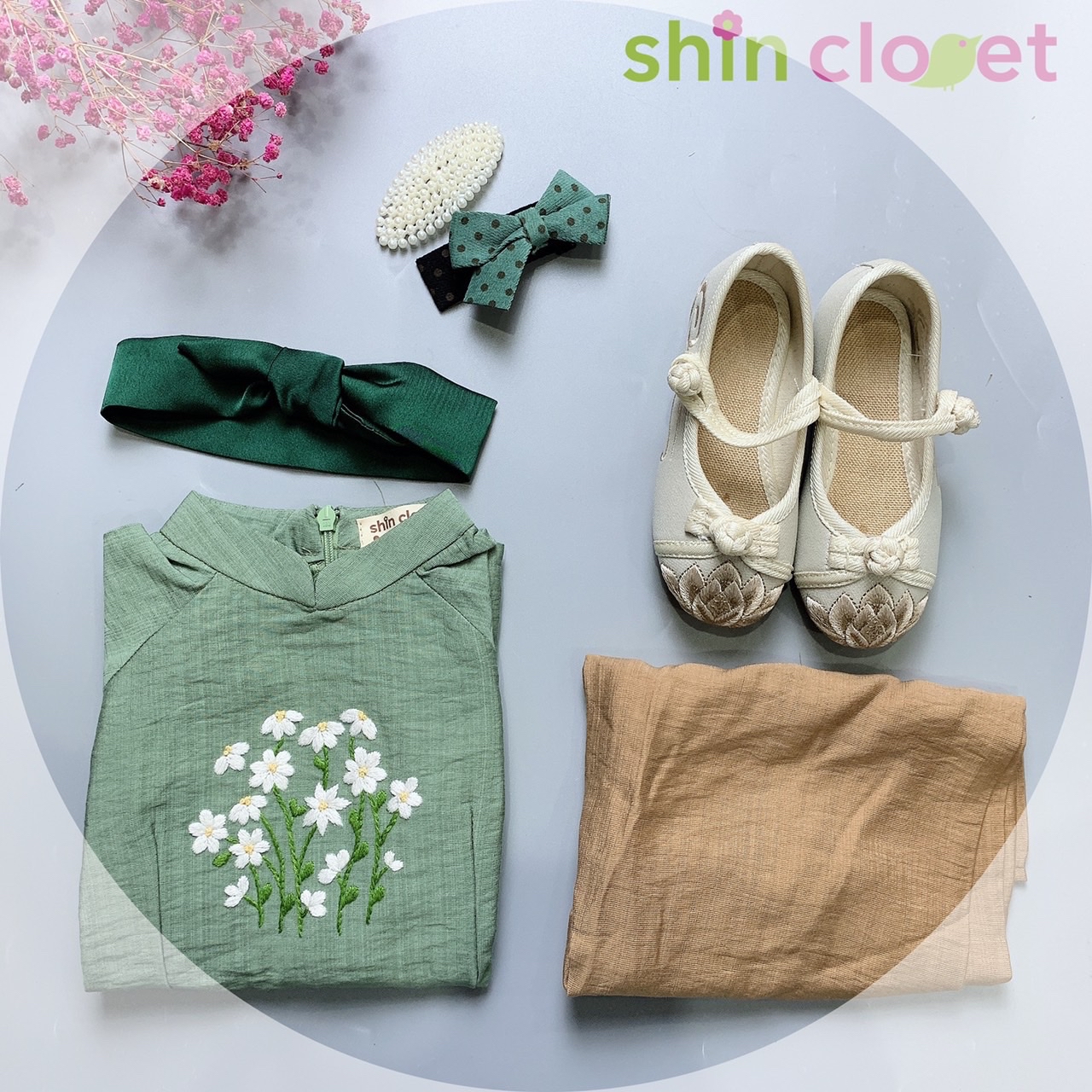 [1-5] Áo dài shin closet bé gái - linen thêu tay - xanh