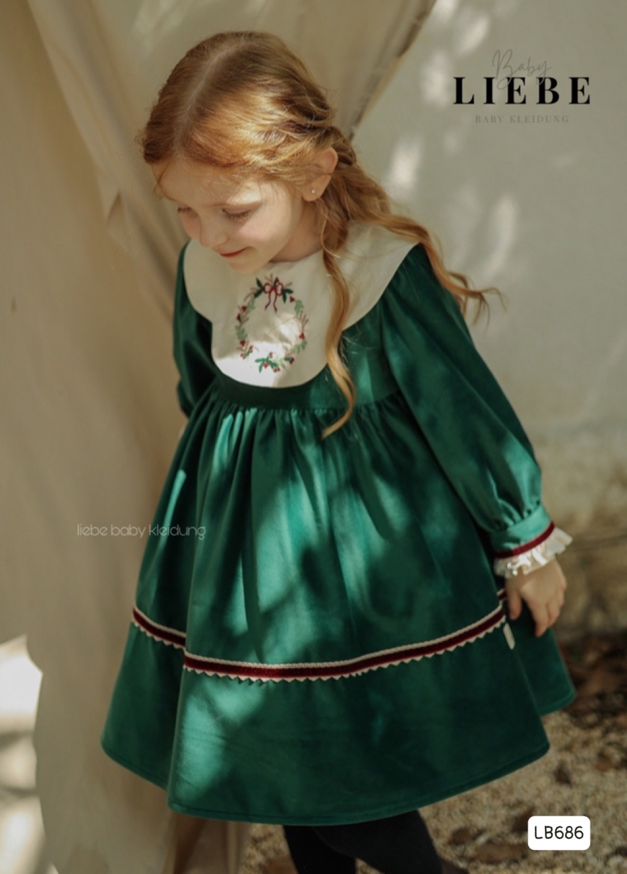 Váy nhung Liebe màu xanh cổ trắng BG size 2-11y