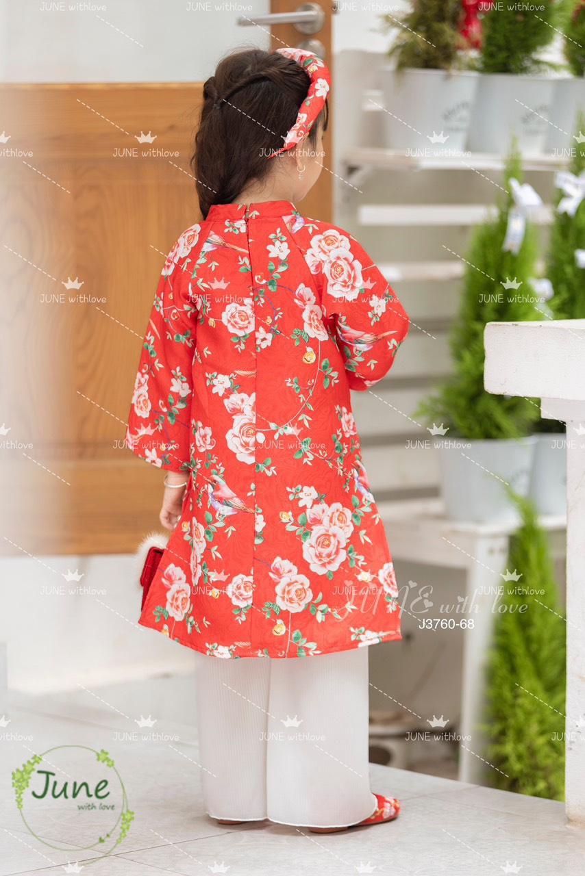 Áo dài gấm in hoa June 3 màu BG size 1 - 10y ( kèm mấn )