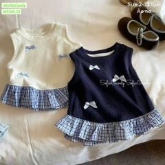 M5169 - Áo cotton Mia Kids đính nơ phối kẻ xanh 2 màu trắng/xanh bé gái size 2-12y