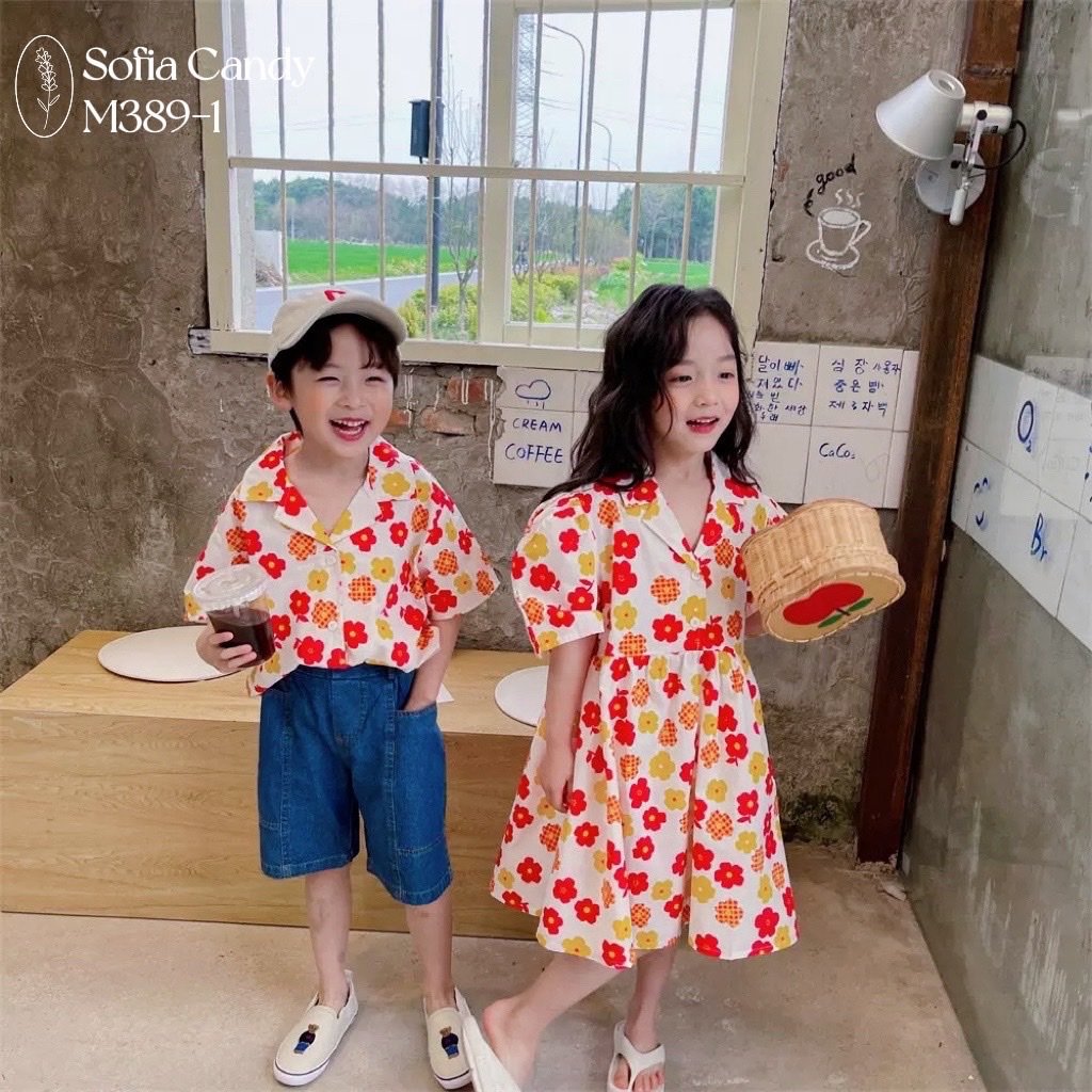 Váy thô Mia Kids cổ vest màu kem hoa đỏ / hoa xanh