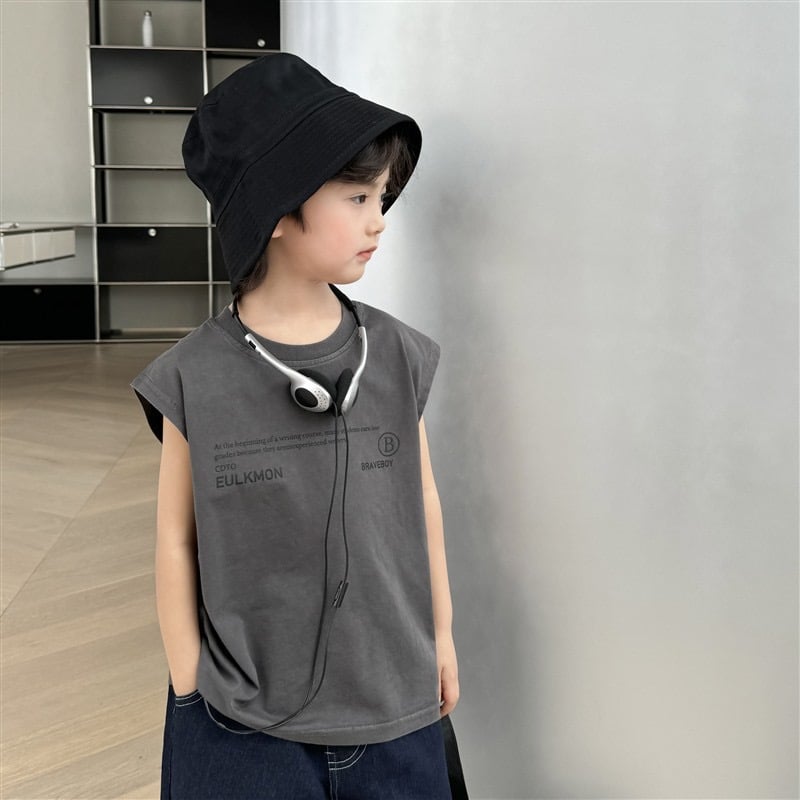 Áo thun sát nách QC vải wash 2 màu ghi/nâu be bé trai size 110-170